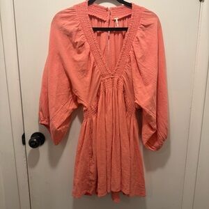 Free People Coral Peach Puff Sleeves V-Neck Smocked Waist Mini Dress
